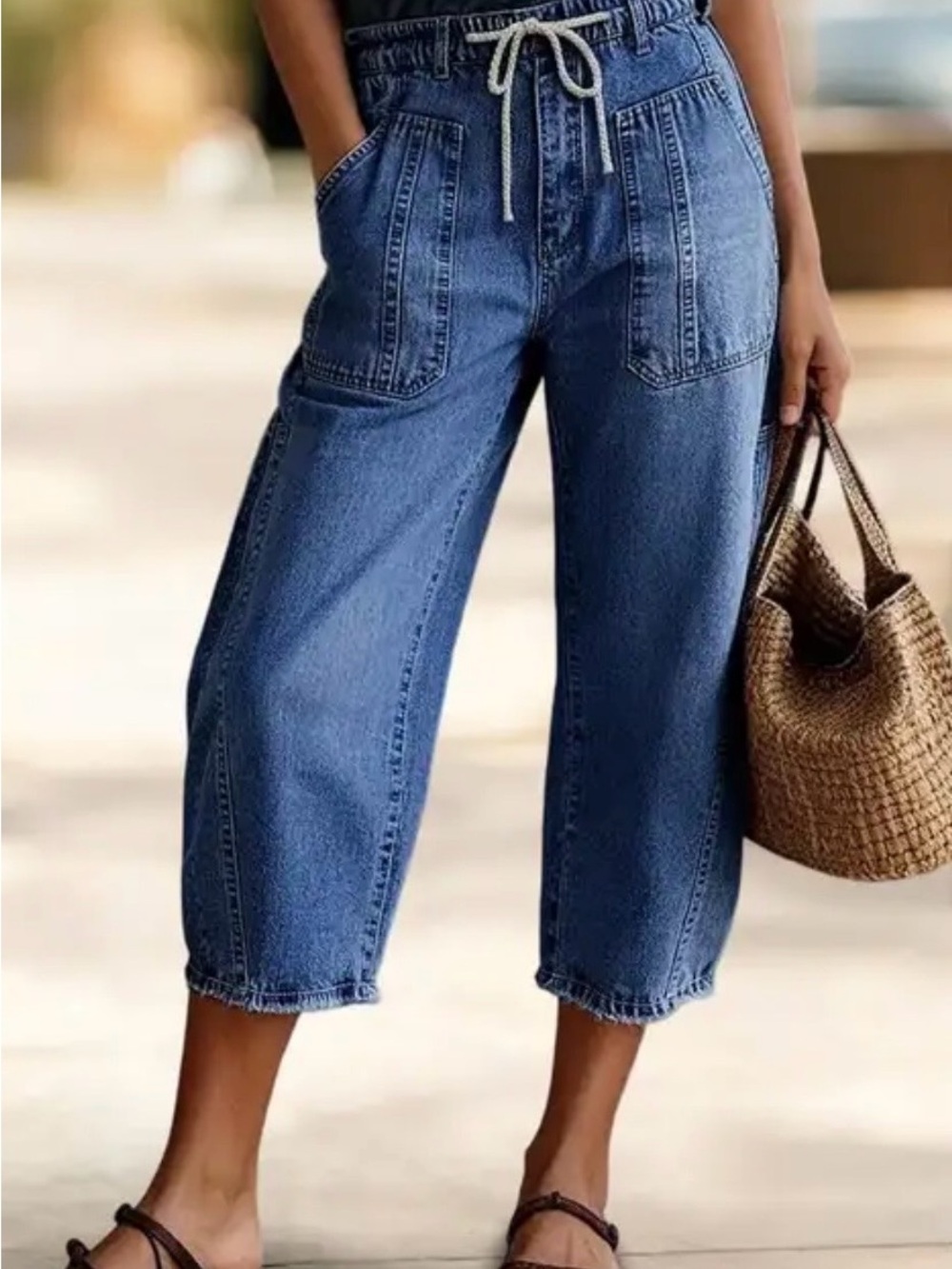 Flamingals Barrel Leg Capri High Waist Pleated Drawstring Jeans for Wom